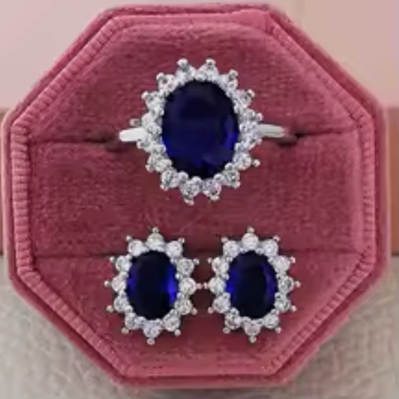 Swarovski Elements 925 Sterling Silver Blue Sapphire Diana Ring & Earrings NEW - Picture 1 of 17
